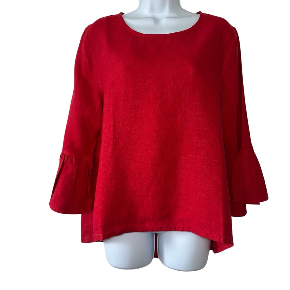 BRYN WALKER Red Fran Ruffle Hi Lo Boxy Lagenlook Coastal Artsy Top Blouse- Small